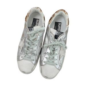 Golden Goose Superstars Sneakers Tennis Shoes Cow Fur Print Mint Green Laces